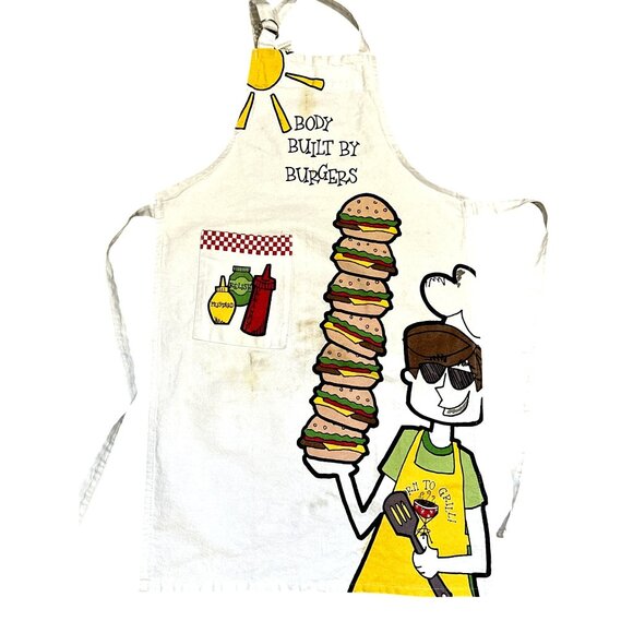 CCC Body Built By Burgers Novelty White Cotton Apron Graphic Hamburger Chef Desi - Picture 6 of 8